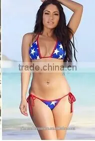 Micro Flag Print Bikini Blue White Star With Red Shimmer Piping Swimsuit thumbnail-1