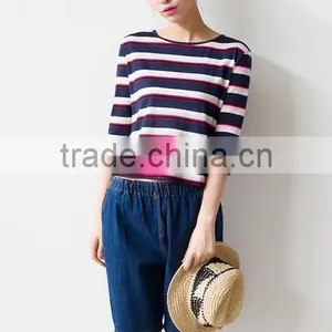 2016 New Fashion All Match Loose Half Sleeve Striped T-shirts for Ladies thumbnail-1