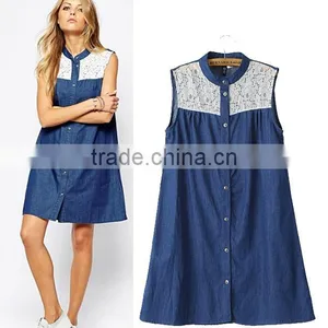 EY0587A 2015 New Desgin Women Collar Sleeveless Lace Stitching Cowboy Dress thumbnail-1