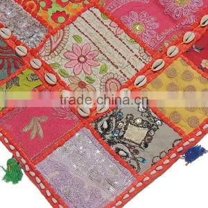 Eclectic Lounge Seating Pillow Rajasthan Patchwork Cowrie Shell Floor Cushion thumbnail-3