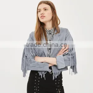 Lapel Collar Fringed Short Coat Womens Faux Suede Tassel Bomber Jacket thumbnail-3