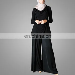 Hot Sale Muslim Women Wide Leg Side Split Chiffon Pants Ladies High Waist Back Zipper Black Trousers Islamic Palazzo Pants thumbnail-3