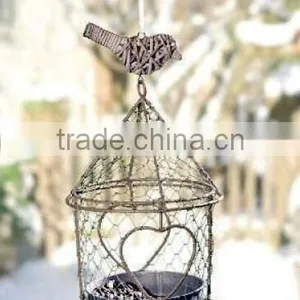 Hanging Rustic Metal Bird Feeder With Heart and Wicker Bird Detail thumbnail-1