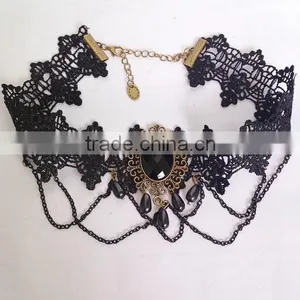 Black Bead Pendant Chain Flower Lace Choker Handmade Women Necklace Gothic Vintage thumbnail-5