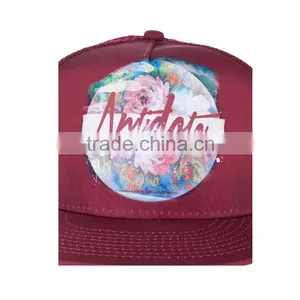 Wholesale Plain Burgundy Printing Floral Pattern Flat Bill Mesh Hat Custom Snapback Trucker Cap thumbnail-4