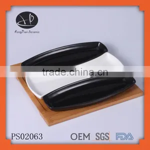 Fine Royal Porcelain Snack Serving Dish and Wood Tray thumbnail-1