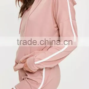 Hot Sale Pink Stripe Hoodies Drop Shoulder Custom Color 100% Cotton And Piping Running Short Pyjamas Set thumbnail-2