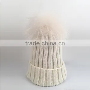 Myfur Elegant 30% Wool Knitted Striped Beanie Hat With Real Raccoon Fur Pom Pom thumbnail-1