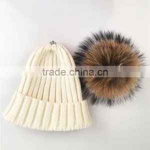 Myfur Knitted Beanie With Fur Pompom Girls Winter Beanie Hat Crochet Cap thumbnail-3