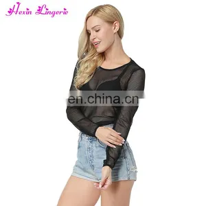 Hot Sale Fishnet Oversized Crewneck New Design Women Blouse Long Sleeves thumbnail-3