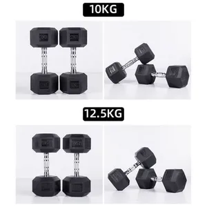 Wholesale Black Hex / Hexagonal / Hexagon Deluxe Rubber Coated Gym Dumbbells Sets for Sale thumbnail-1