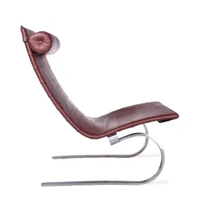 PK20 Chair Poul Kjaerholm 1967 Replica, Minimalist Leather Lounge Chair With Polished Stainless Steel Base thumbnail-1