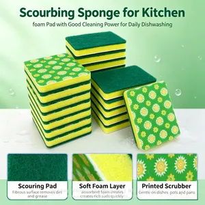 Wholesale Household Green Kitchen Scrubber Sponge Printed Pattern Scouring Pad Sponge thumbnail-2