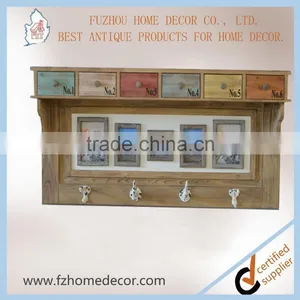 Antique Hanging Wooden Wall Shelf With Multi Drawers & Hangers thumbnail-1