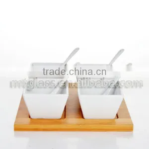 Set of 4 Elegant China Appetizers Bowl Made by White Ceramic Porcelain With Wooden Tray thumbnail-1