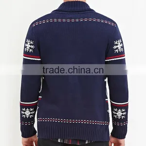 Navy Shawl Collar Long Sleeve Snow and Deer Patterns Cardigan Ugly Christmas Sweater thumbnail-2