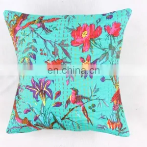 Indian Green Floral Kantha Cushion Cover Kantha Throw Pillow Cover Hand Stitched Kantha Cushion Cover Cotton Handmade thumbnail-1