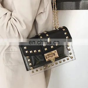 Messenger Bag Chain Shoulder, Bag Female Rivets Jelly Rivet Handbag Metal Buckle Transparent Square Pvc Handbag Clear Jelly Bag/ thumbnail-3