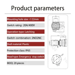 Ip65 22mm Big Red Head 20a One Normally Open and One Normally Close Latching Push Button thumbnail-2
