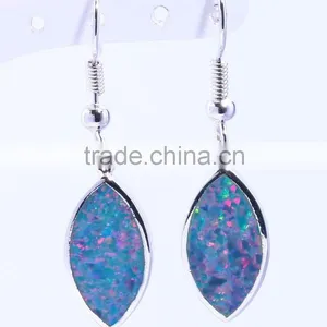 Lady Synthetic Blue Opal Inlay Leaf Dangle Earrings 925 Sterling Silver Leaf Hook Earring thumbnail-5