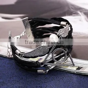 New Fashion Owl Deathly Hallows Angel Wing Leather Bracelet DIY thumbnail-4