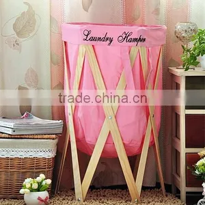 100% Cotton Folding & Collapsible Wood Laundry Storage Washing Basket thumbnail-1