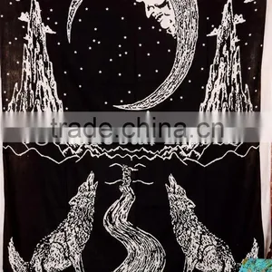 Indian Printed Wholesale Tapestry, Wolf Wall Hanging, Moon Hippie Beach Blanket, Boho Picnic Throw thumbnail-1