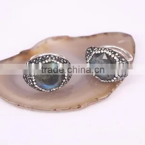 Natural Labradorite Ring, Metal Plated Silver Ring, Pave Setting Crystal Jewelry Finger Druzy Gem Stone Ring thumbnail-5