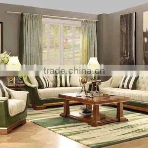 American Concise Design Solid Wood Frame Fabric Seat Genuine Leather Back Living Room Sofa Set thumbnail-1
