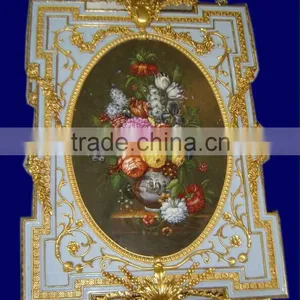 Antique Wood Carved Framed Mural, Oil Painting Ceramic Flower Framed Mural thumbnail-4