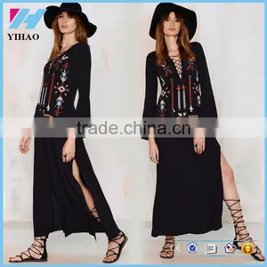 Yihao 2017 Woman Long Dress Sexy Deep V-Neck Black Hippie Chic Embroidery Long Sleeve Maxi Dresses With Slit Women Clothing thumbnail-1