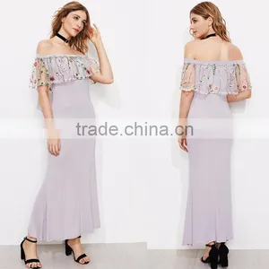 HOT off the Shoulder Sexy Dress, Woman Floral Print Mesh Maxi Long Dress thumbnail-2