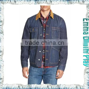 Fashion Dark Blue Male Suede Collar Short Denim Jacket thumbnail-1