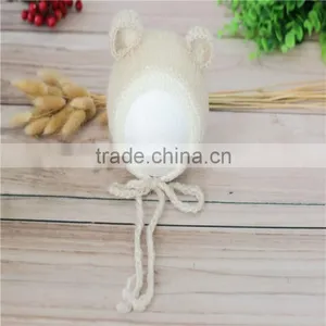 Newborn Knit Bonnet Crochet Mohair Bonnet Ruffle Mohair Hat Knit Bear Hat Baby Photography Props thumbnail-5