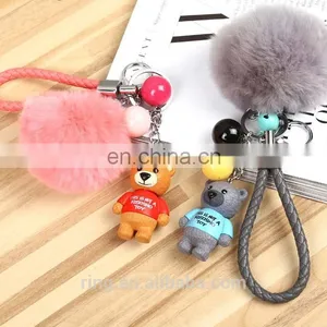 Rabbit Fur Ball WIth Bear Pendant Pom Pom Keychain With Leather Cord thumbnail-5