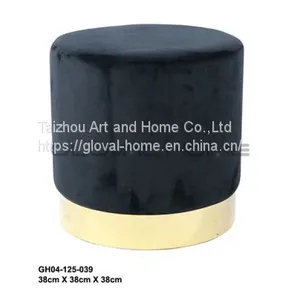Velvet Fabric Round Ottoman Stool With Gold Metal Base thumbnail-1