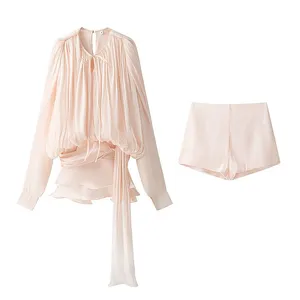 Chic Lantern-sheer Fabric Dress for Women, New Spring Style, Short Skirt, Cinched Waist, Irregular Lotus Leaf Hem, With Tie. thumbnail-5