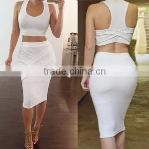 Stylish Lady Women's Casual Sexy High Elastic O-neck Sleeveless Tank Tops And Pencil Skirt Set thumbnail-2