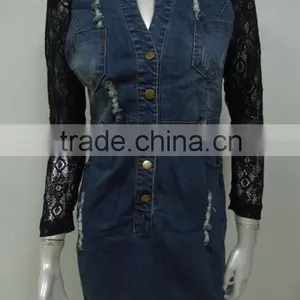 New Arrival Winter Fashion High Quality Ladies Denim Dress,denim and Lace Dress Wholesale China thumbnail-1