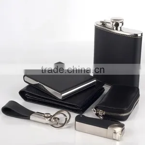 Genuine Cowhide Leather Cover With Mini Flask Gift Set,wallet Belt Gift Set,hot Selling Leather Gift Set in Gift Box thumbnail-2