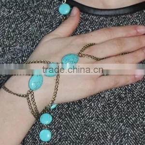 Trendy Boho Finger Ring Turquoise Harness Slave Chain Hand Bracelet thumbnail-5