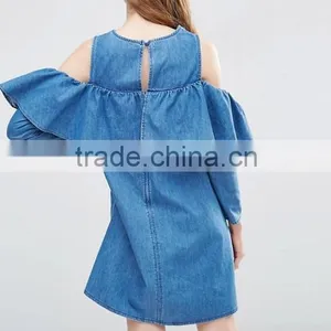 Shift Denim Dress With Cold Shoulder and Ruffle Detail thumbnail-3