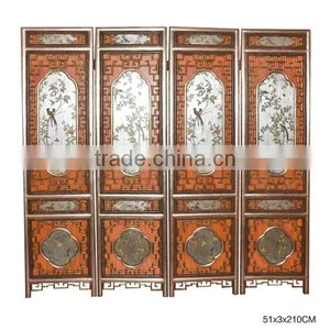 Retro Furniture Wooden Floor Screen, Traditional Chinese Hand Painted 4 Panel Folding Screen With Decorative Glass thumbnail-5