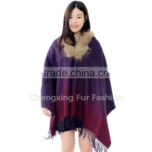 CX-B-P-43G 2016 New Product Noble Shawl Hand Made Wholesale Cashmere Capes And Raccoon Fur Trim Cape thumbnail-3