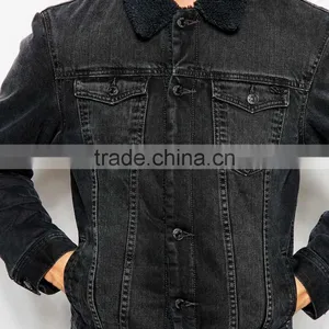 Fashion Wholesale Mens Black Denim Jacket With Fleece Collar thumbnail-3
