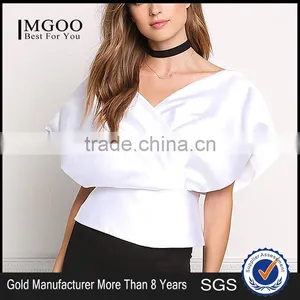MGOO Custom Designs V Neck Tunic Fashion Cross White Satin Blouses 100% Polyester Sleeveless Tops thumbnail-1