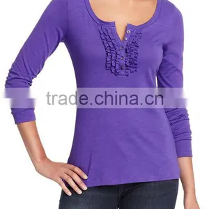 Womens Long Sleeve Purple t Shirt With Ruffled Placket Style thumbnail-1