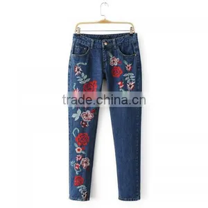 High Waist Women Jeans Embroidered Floral Narrow Bottom Various Types of Trousers thumbnail-3