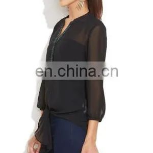 Sexy Trendy High Fashion Stylish Black Chiffon 3/4 Sleeve Embroidered Neck Detailing In Front Top Tunic Blouse Dress For Women thumbnail-2