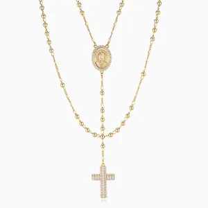 Shining Star Jewelry Zircon Virgin Mary Cross Charms Pendant Rosary Necklace thumbnail-3